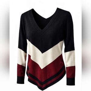 Ashley Stewart Black, White, and Red V-Neck Sweater